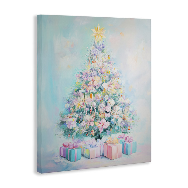 Arbre de Noël pastel sur toile bleue, design par Arlington Prints, H 20 po x l 16 po