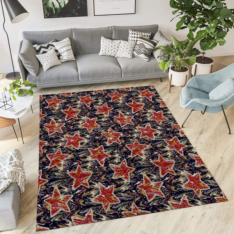 Tapis intérieur / extérieur rectangulaire rouge / noir en polyester tissé à la machine, Rectangle 5 pi x 7 pi