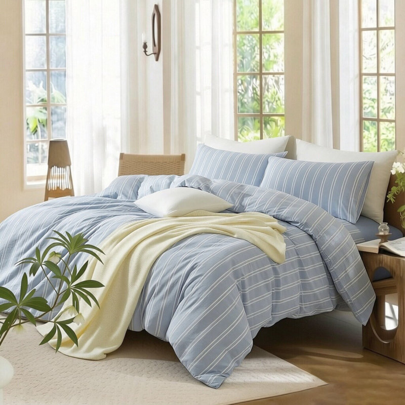 XINMIANFANG Striped Duvet Cover Set 100% Washed Cotton Linen Like Textured Vertical Stripes Bedding Comfy Breathable