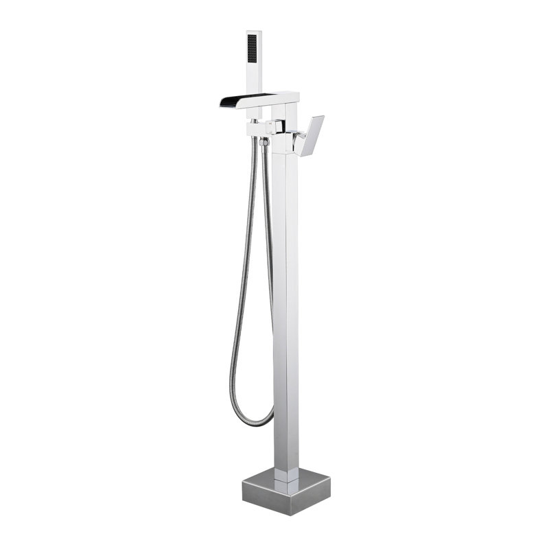 Floor Mounted Tub Filler With Waterfall Design And 59" Shower Hose Finish Bathroom Faucet Spout Included, Silver