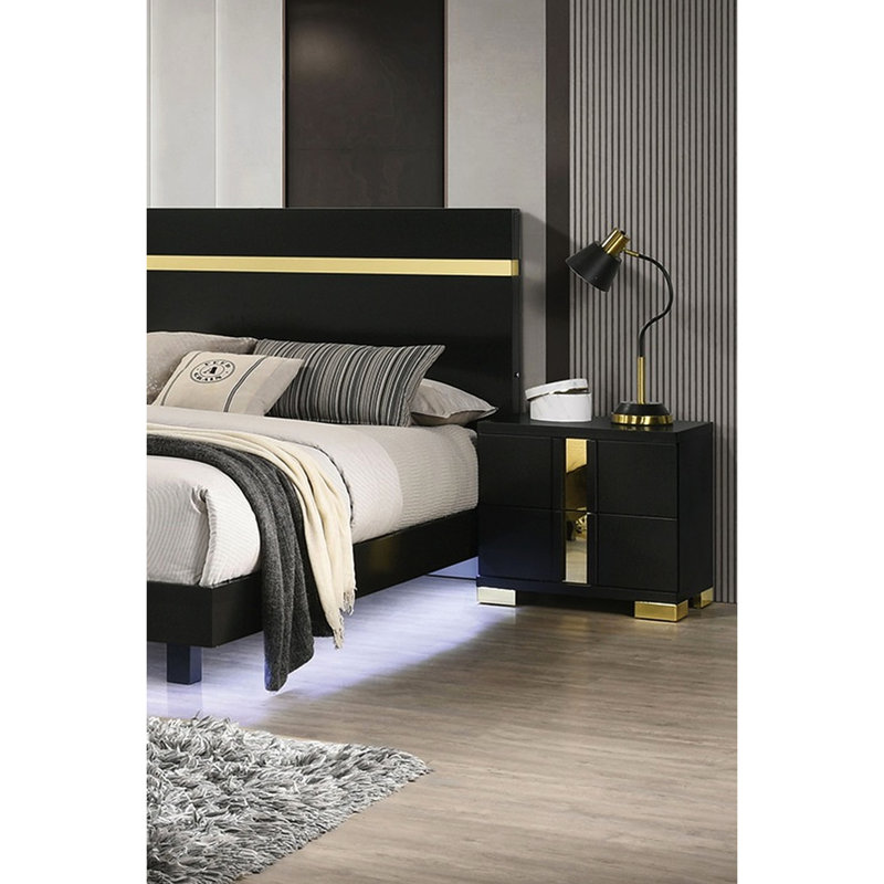 Table de chevet rustique à 2 tiroirs en noir et or, avec bois d'ingénierie, pieds en métal, option d'embellissement de chambre à coucher