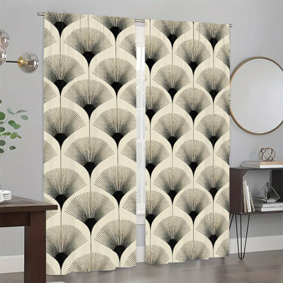 2Pcs Art Deco Geometric Pattern Curtains, Elegant Abstract Fan Print Design  Light Filtering Curtain For living bedroom Kitchen Rod Pocket Window Drapes, Retro Decorative Home Decor, Stylish Treatments