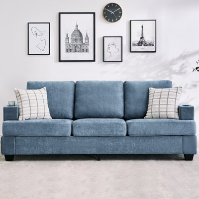 Comfy Deep Seat Sofa with Built-In Cup Holders & Side Storage, Modern 89" 3-Seater Couch for Living Room or Apartment, Blue