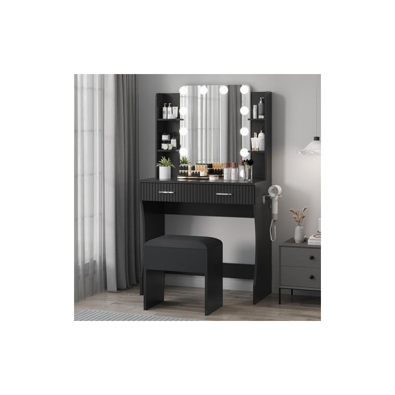 Makeup Vanity Desk with Mirror and 12 LED Lights, Vanity Table with Power Outlet, USB & Type‑c Charging Ports, 2 Drawers, 6 Shelves