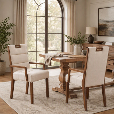 Elegant Upholstered Dining Chairs with Armrests, Comfortable Fabric & Durable Rubber Wood Frame, Set of 2