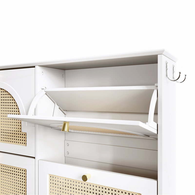Narrow Design Shoe Organizer with 4 Rattan Doors,hold up to 12 pairs of shoes, White