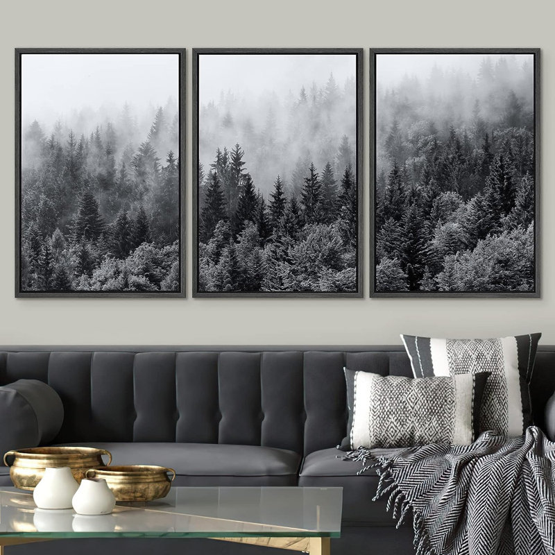 «Misty Forêts of Evergreen Coniferous Trees in an Ethereal Landscape», reproduction de photo sur toile 3 pièces
