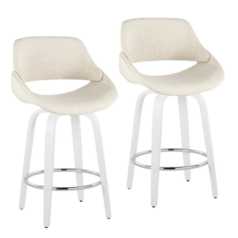 Tabouret de comptoir à hauteur fixe avec pivot en bois et tissu crème avec repose-pieds rond en chrome - ensemble de 2, Crème