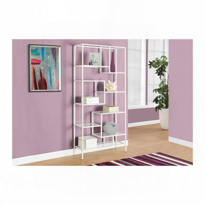 Bookshelf, Bookcase, Etagere, 72"h, Office, Bedroom, Clear Tempered Glass, White Metal, Contemporary, Modern