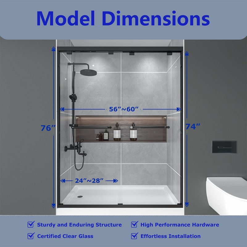56-60" W X 72" H Double Sliding Shower Door ,1/4" (6mm) Ansi/sgcc Tempered Glass,matte Black,fingerprint,resistant Design