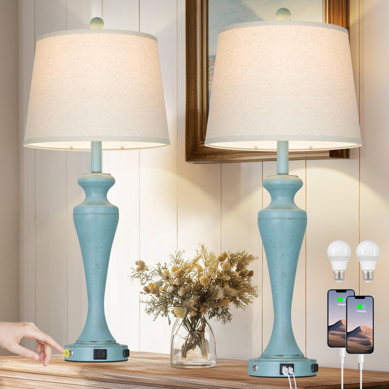 30” Touch Control Table Lamp Set With Usb & Type-c Ports, Led Bulb Included, Blue