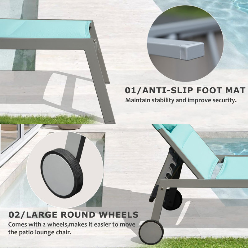 Outdoor Patio Chaise Lounge Set Of 3, Aluminum Pool Lounge Chairs With And Wheels, Textilene Padded Adjustable Recliner All Weather For Poolside, Beach, Yard, Balcony (Lake Blue), Chair