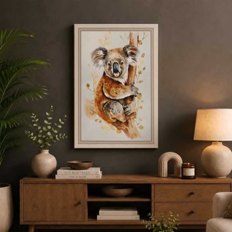 Koala on Branch Boho - Wrapped Canvas, 18x12 - 45.7 x 30.5 cm, Teal Border