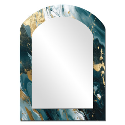 Blue and Gold Serene Cascade - Abstract Arch Decorative Wall Mirror, Modern Asymmetrical Mirror, Printed Metal Art