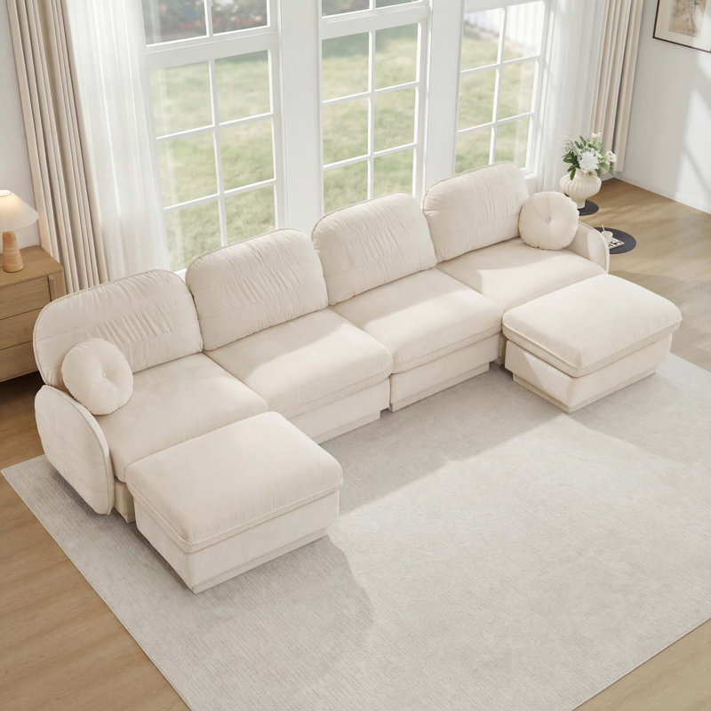 Canapé en U en chenille avec repose-pieds mobile et assise profonde, Cream Beige Chenille, Cream Beige