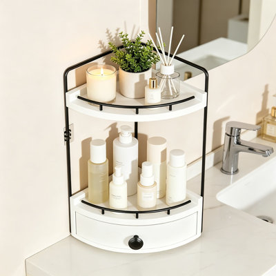 2-Tier Corner Bathroom Counter Organizer With Drawer, Wooden Vanity Shelf For Skincare, Makeup & Essentials Storage With Easy Installation