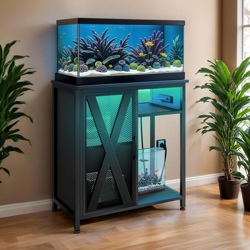 Aquarium Stand with RGB LED Lights, Power Outlets, and Cabinet for Tanks, 29 Gallon (31.5"H x 29.5"W x 15.7"D), Black