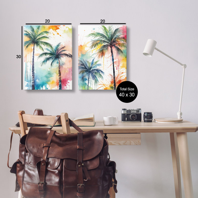 "Watercolor Splash Towering Palms", ensemble de 2 toiles murales par Kim Allen, H 60 po x l 40 po