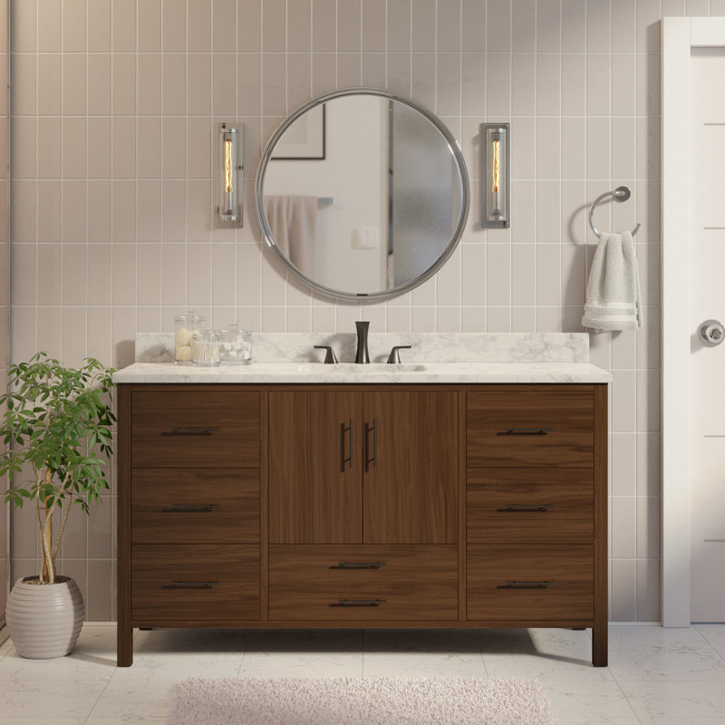 Kiara 60'' Single Bathroom Vanity with Top, Walnut Veneer, Carrara Marble
