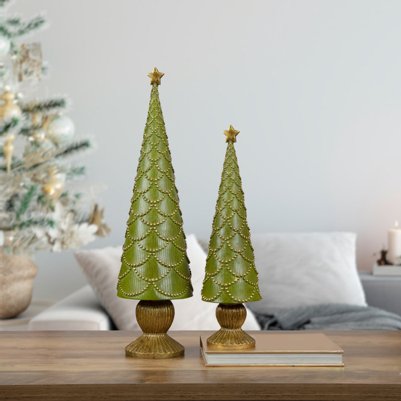 Green Christmas Tree Cone on Pedestal with Star Topper Tabletop Decor, 23.5" H x 6.25" W x 6.25" D