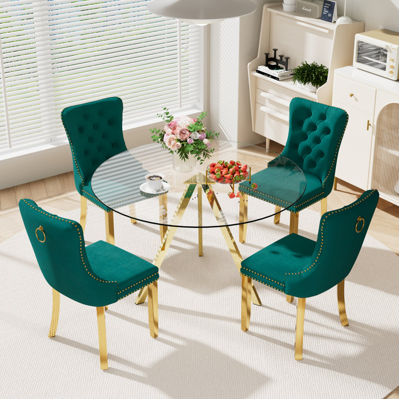 5-Piece Pedestal Gold Dining Set, Green, 30" H x 47" W x 47" D