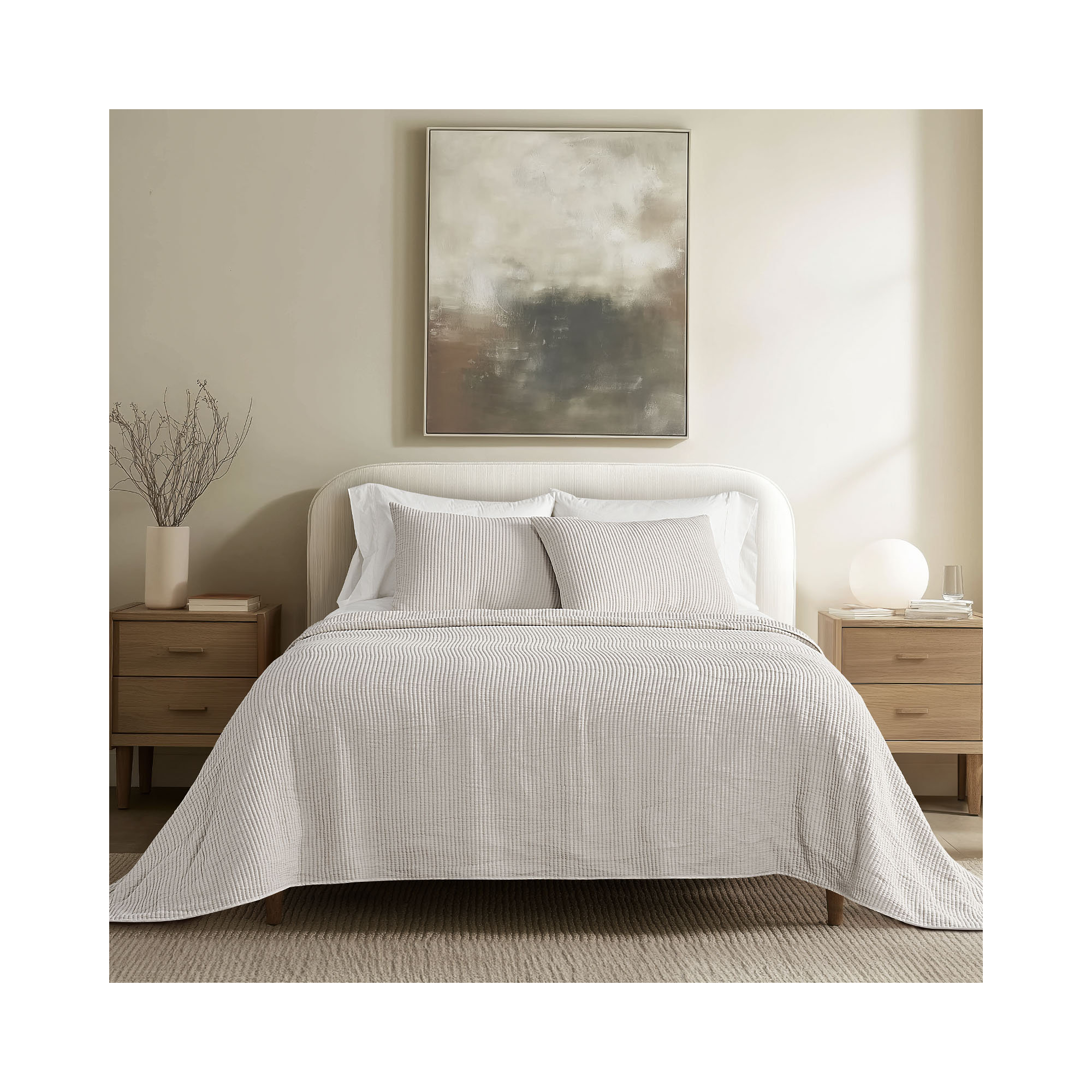 Ribbed Matelassé Cotton Coverlet Set, King Quilt + 2 King Shams, Birch