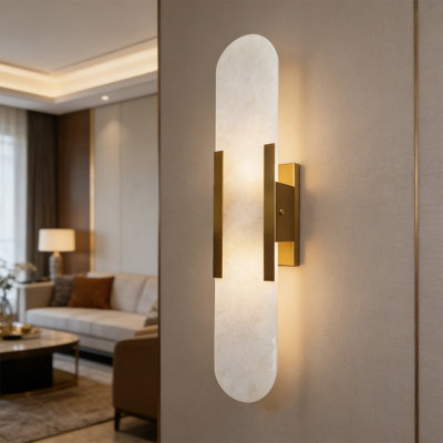  Modern Alabaster Wall Sconce,  LED Vanity Light with Gold Metal Frame, Vertical Indoor Wall Lamp for Bathroom Bedroom Living Room