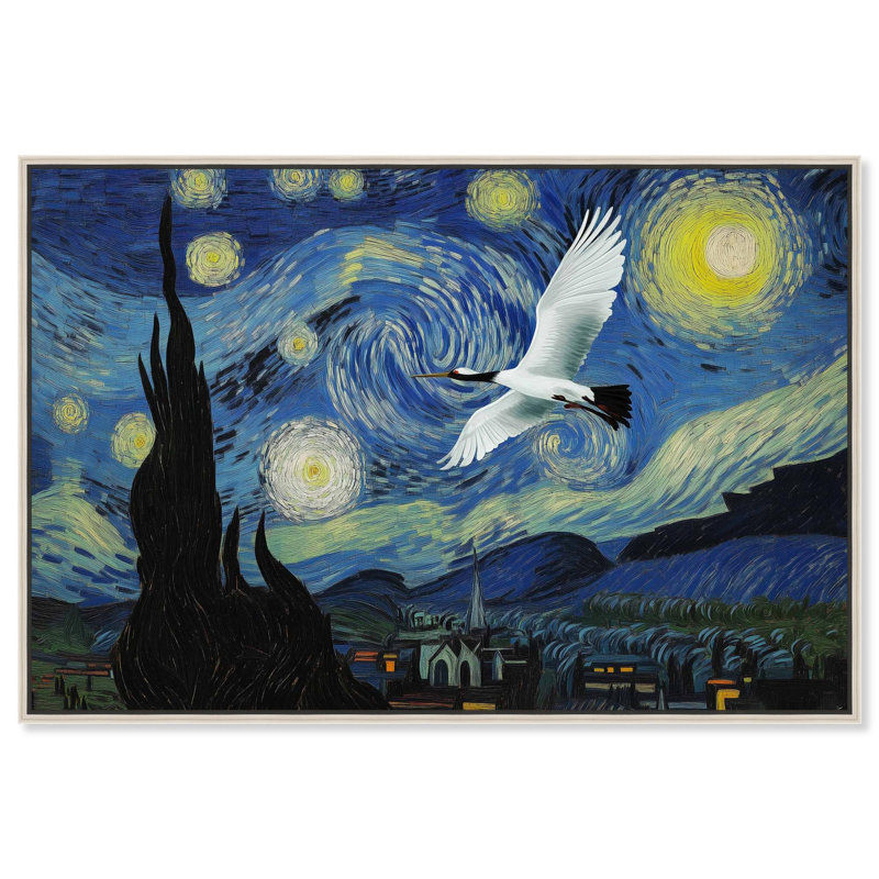 «Crane Starry Night» par Pet , H 31 po x l 46 po, Encadrement argenté