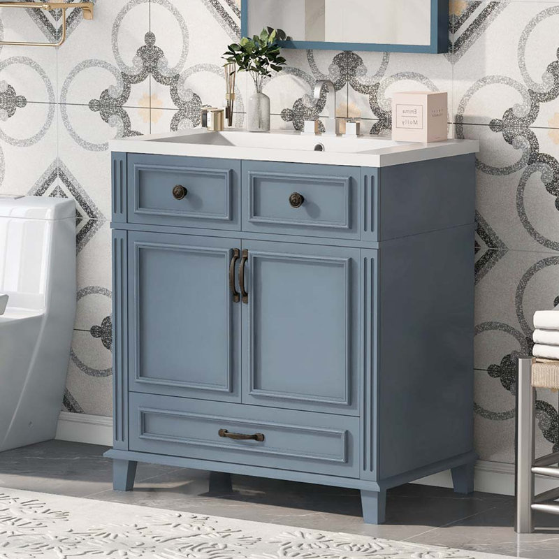 Meuble-lavabo de 30 po avec lavabo en résine Hilkea, armoire de rangement avec portes à fermeture douce
