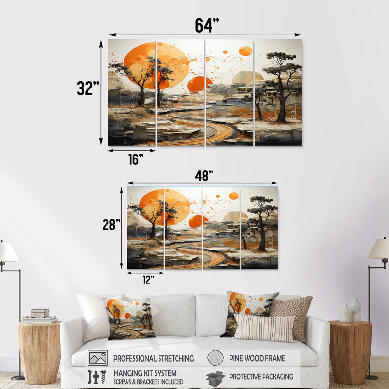 «Orange Sunset Abstract Landscape Stream II - Abstract Landscape», art mural 4 pièces, H 32 po x l 64 po