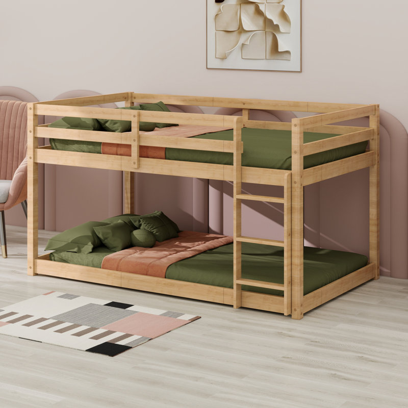 Wooden Solid Floor Bunk Bed With Ladder, Natural