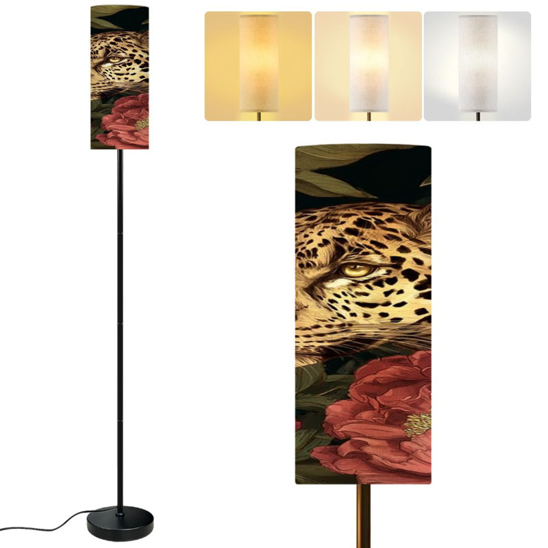 68.5" Standing Floor Lamp Seamless floral Leopard peonies Dimmable Metal Pole Lamp with Linen Lampshade LED Bulb Included
