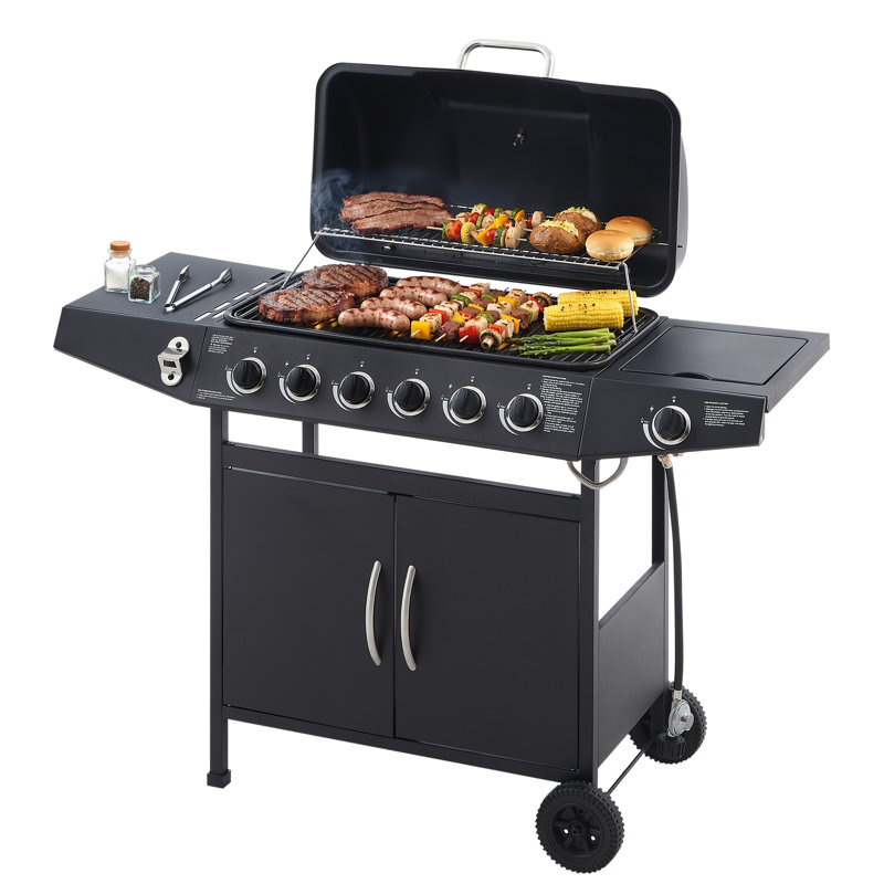 Barbecue 6 brûleurs avec 59 000 grilles émaillées et zone de réchaud pour les brûleurs de barbecue au gaz propane, tables d'appoint pour le patio