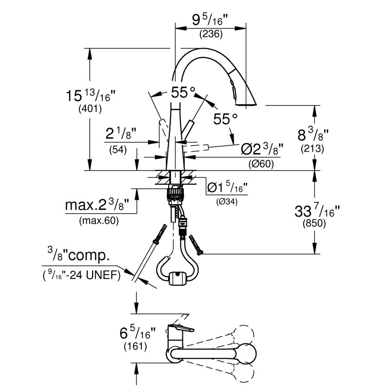 ZEDRA Single-Handle Pull Down Kitchen Faucet Triple Spray 1.75 GPM, SuperSteel