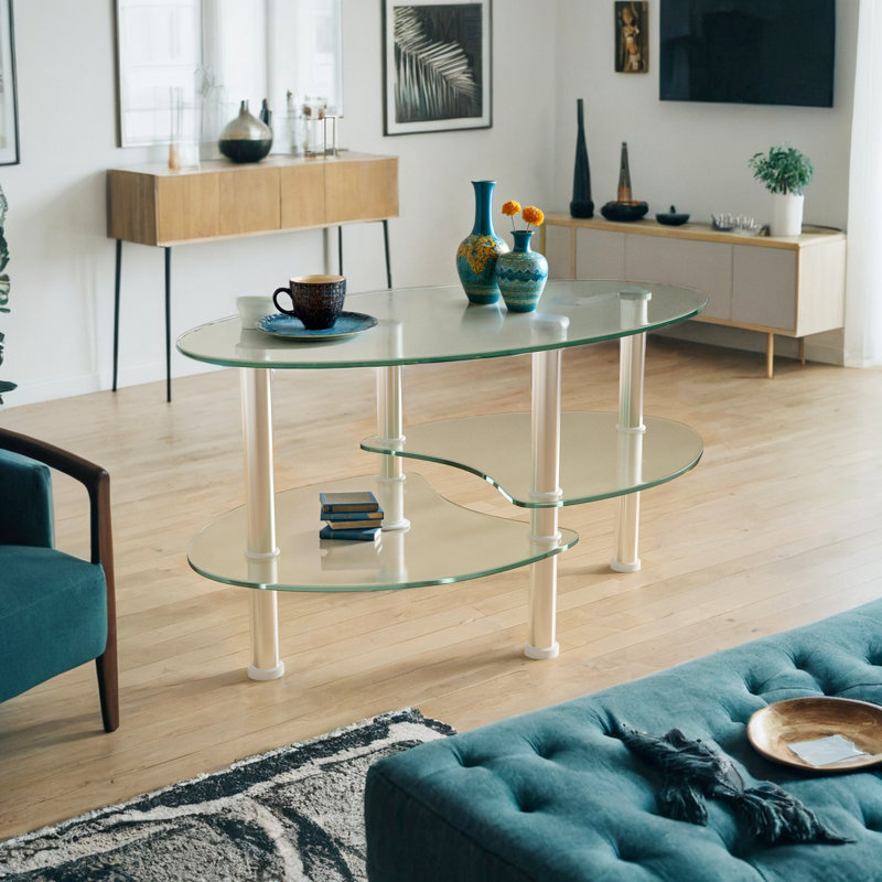 Table basse Mollen, Plateau transparent / base argentée