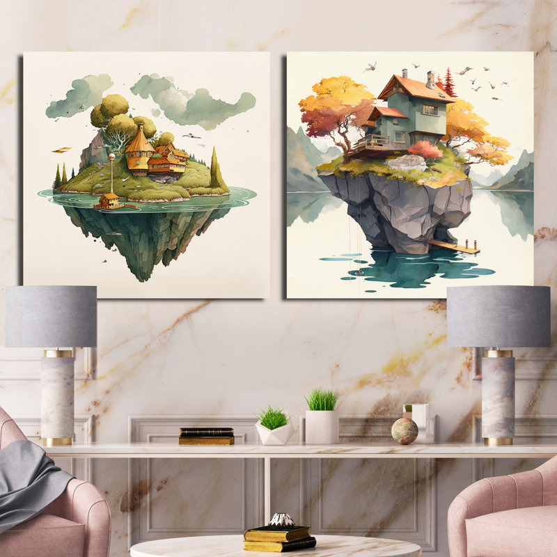Maison sur une île privée - ensemble de 2 collages carrés, H 16 po x l 33 po, Toile tendue