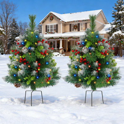 Ensemble de 2 arbres de Noël pré-éclairés de 30 po avec télécommande, buissons de jardin à DEL, remplisseurs d'urne de Noël pour le jardin de la véranda
