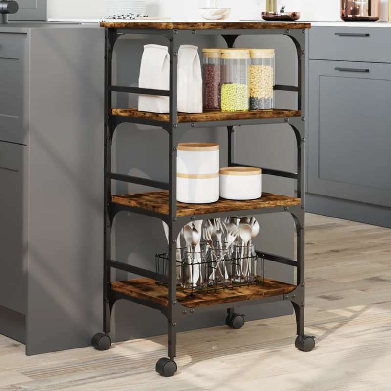 Susanville Metal Bar Cart, Smoked Oak