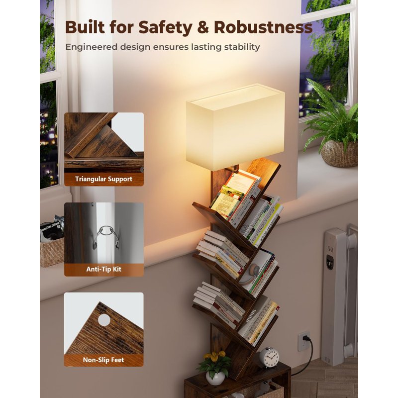 6-Tier Tree Bookshelf With Built-In Light - Rustic Brown Tall Bookcase With Storage Drawer, Adjustable Lighting For  Office/Bedroom (Anti-Tip Design)