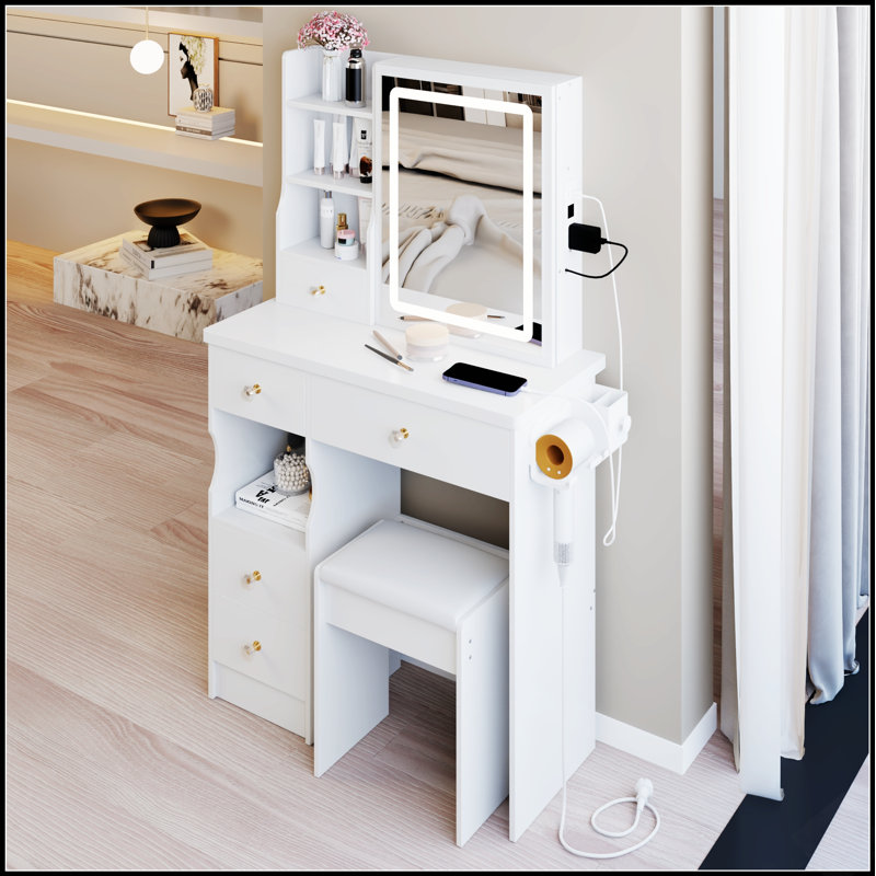 Petit meuble-lavabo de 29,2 po avec tiroir à gauche + tabouret rembourré, 2 blocs d'alimentation CA + 2 ports USB, support pour sèche-cheveux, très grand miroir coulissant à commande tactile à DEL, réglage de la luminosité tricolore, réglage de la luminosité