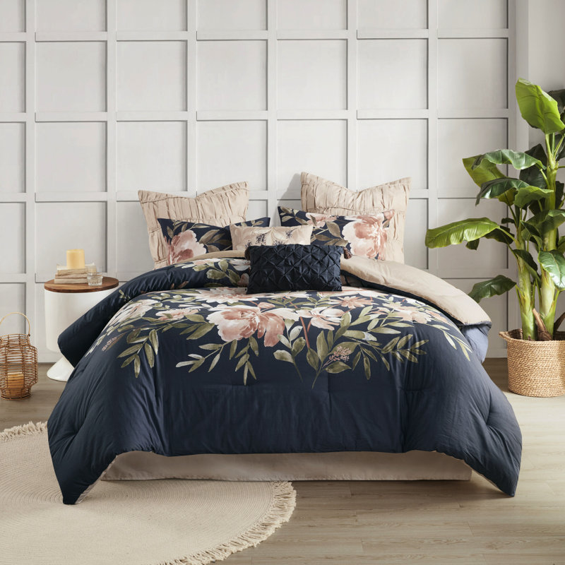 Édredon 8 pièces en coton bleu marine - Literie lavable à la machine, Édredon grand + 7 articles supplémentaires