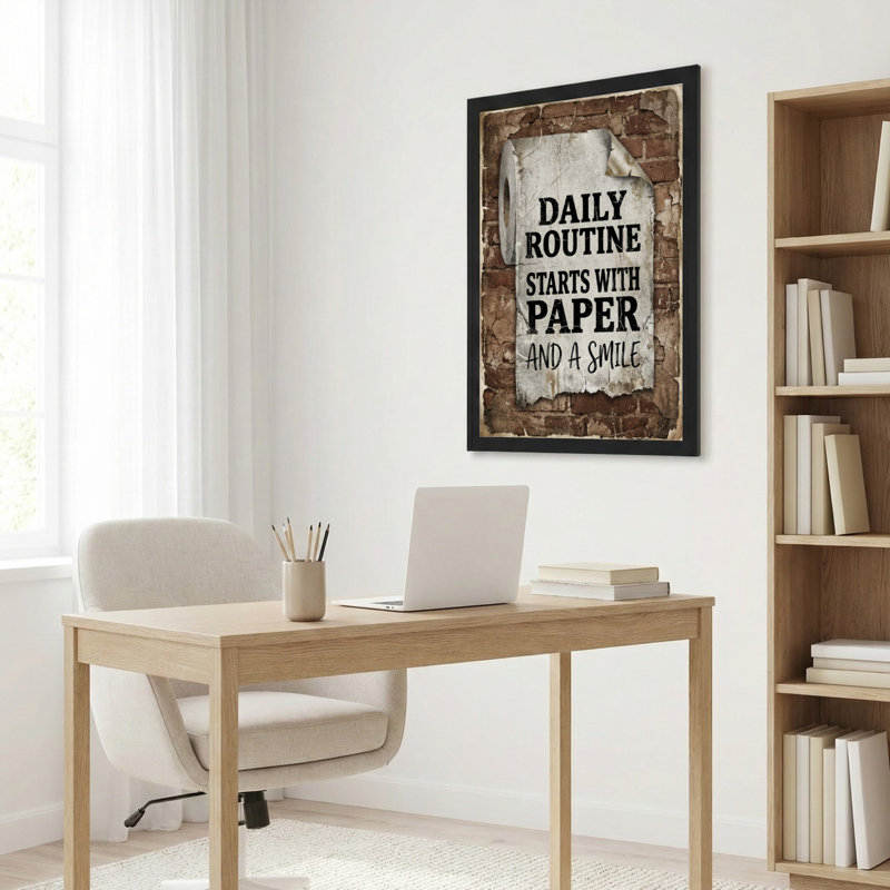 La routine quotidienne commence par du papier et un sourire. Tableau sur toile tendue sur fond de briques, idéal pour la décoration de la salle de bain ou de la cuisine.