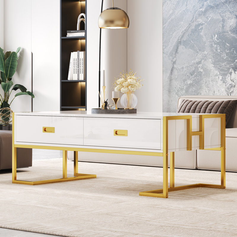 Table basse moderne moderne blanche avec 4 tiroirs et base dorée de 47,3 po (table incluse seulement), Blanc