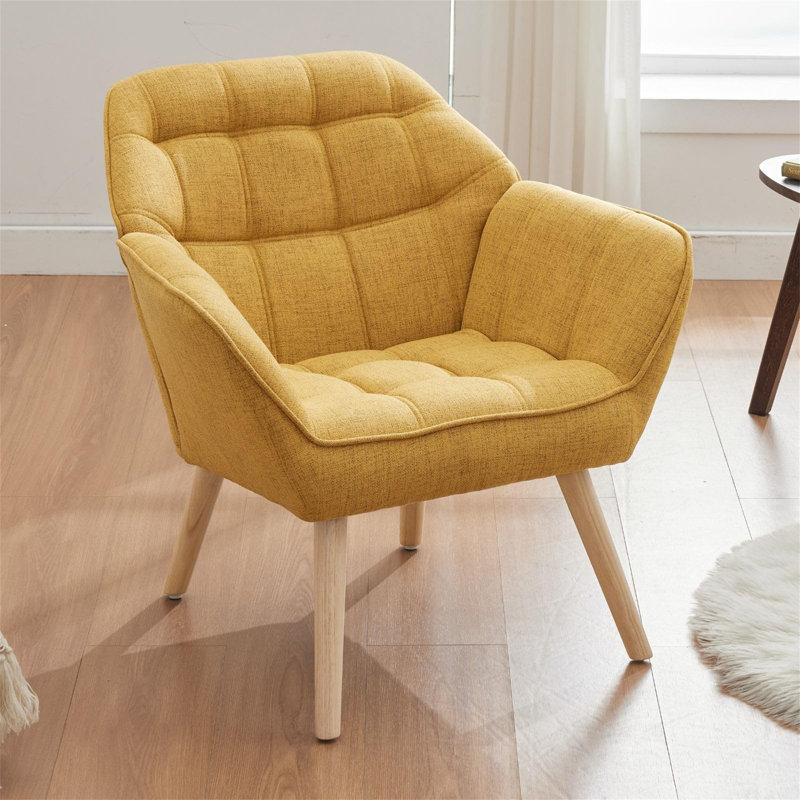 Linen Armchair Upholstered Accent Tub Chair With Wood Legs, Leisure Single Sofa Chair For Living Room/Bedroom, Yellow
