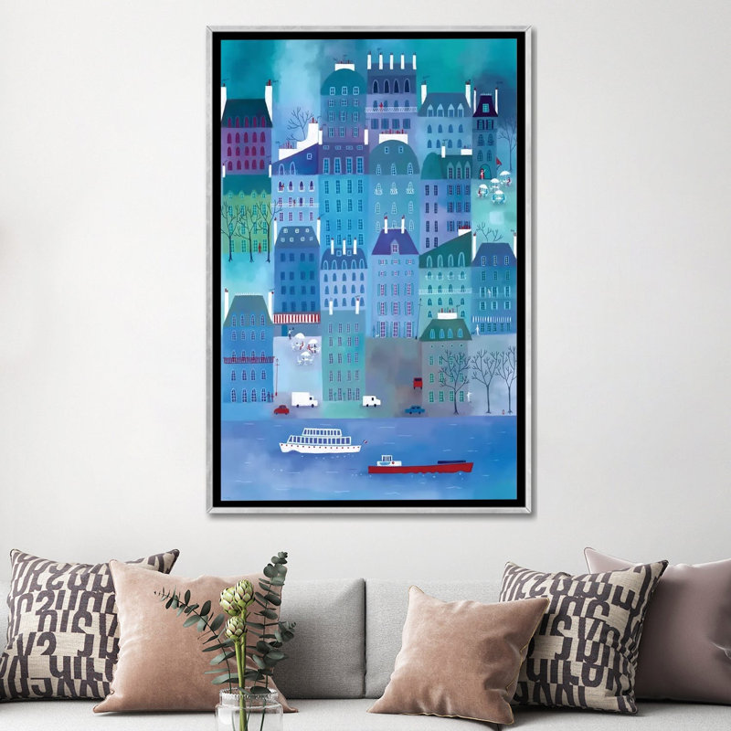 Paris blues par Nic squirrell-impression, Toile avec cadre argenté, H 60 po x l 40po x P 1,5 po, Pas de tapis