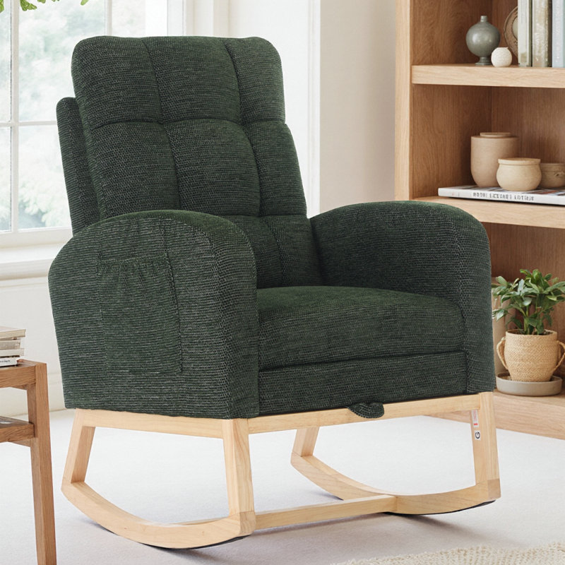 Dark Green Modern Plush Rocking Chair with Adjustable Footrest & Side Pocket — Ultimate Comfort Lounge Armchair, Dark Green
