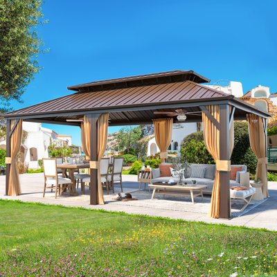 12' x 20' Hardtop Gazebo, Aluminum Frame Gazebos with Galvanized Steel Double Roof, Permanent Outdoor Metal Pavilion with Curtain & Netting for Patio, Lawn, Deck