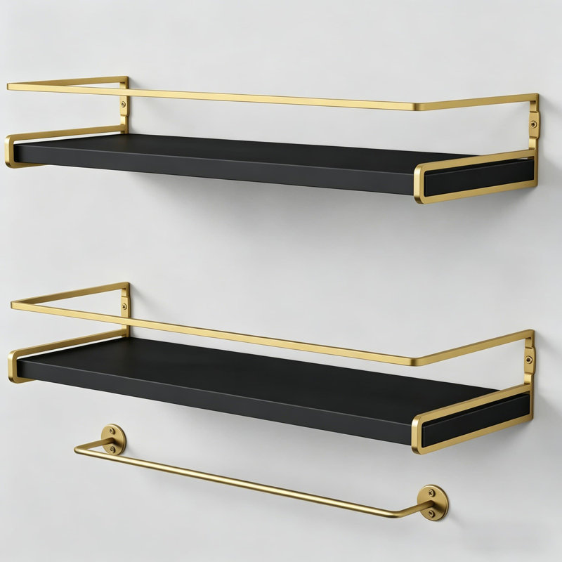 Floating Shelves For Wall - Modern Black And Gold Bathroom Shelves With Towel Bar, Space-Saving Wall Mounted Shelves For Kitchen, Coffee Bar, And Home Decor