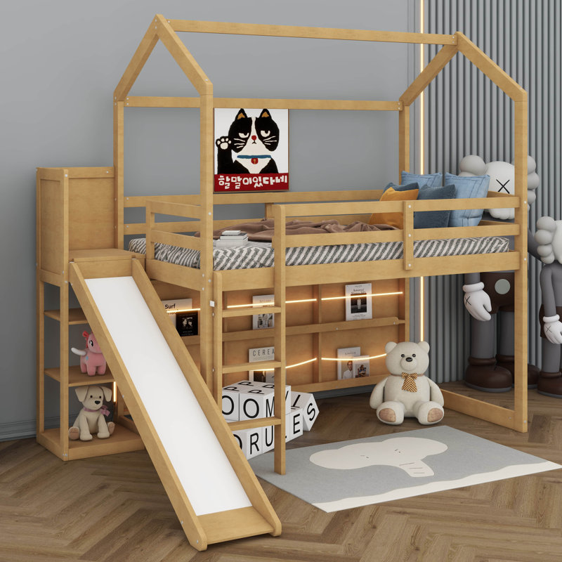Lit mezzanine simple en bois avec glissade, Bois