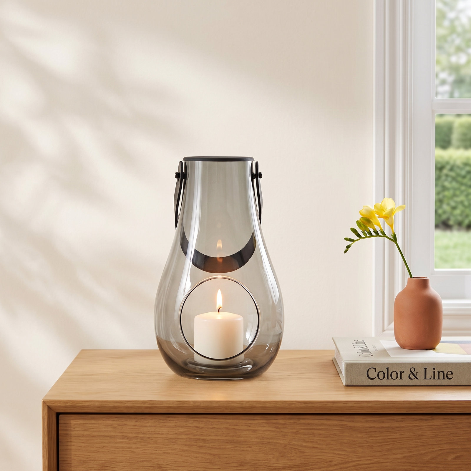 Glass Lantern Candle Holder, 6.5" H x 4.1" W x 4.1" D, Smoke